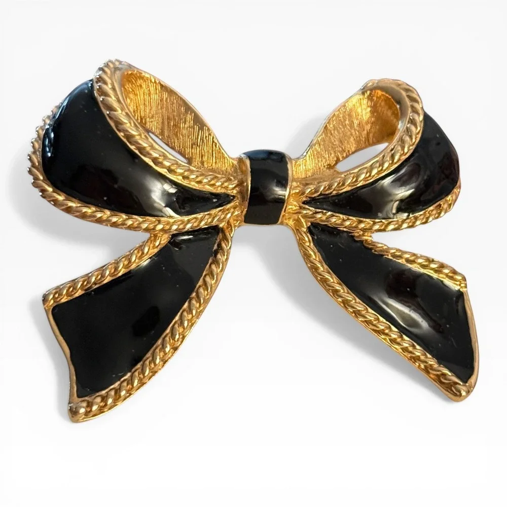 K.J.L.‎ for Avon Vintage Black Enamel Gold Tone Bow bolo Kenneth Jay Lane - Picture 8 of 8